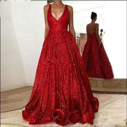 Sequined Red Prom Dresses Girls Cheap 2019 Sexy Deep V-neck Classic Backless Evening Dress With Pockets Pageant Formal Gown