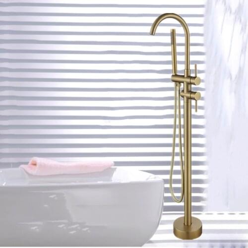 Luxury Bath Tub Sink Faucet Floor Mounted Brushed Gold Bathtub Mixers Free Standing Hot and Cold Bath Shower Set Hand shower