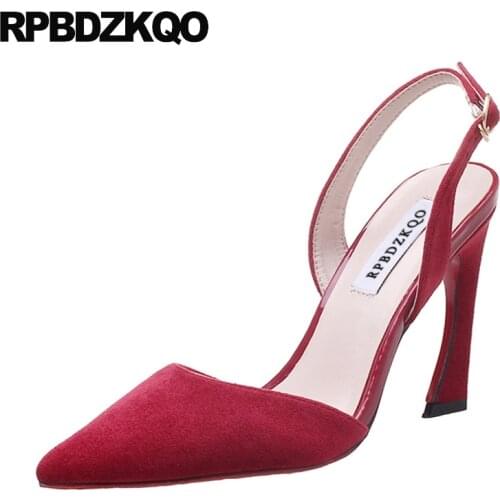 Slingback size 4 34 summer suede pumps thin high heels slip on shoes 2019 33 ladies 3 inch sandals stiletto wine red pointed toe