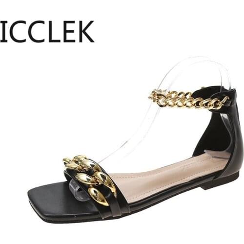 Women Metal Chain Thong Sandals 2021 Summer Woman Casual Buckle Flats Female Beach Shoes Ladies Comfortable Footwear