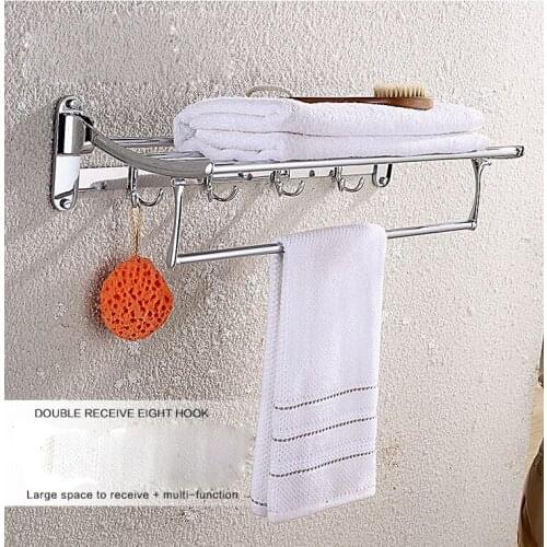 Foldable 60cm Chrome Stainless Steel Bath Towel Rack Folding Movable Bath Towel Holder Double Towel Rails Bars Wall Mounted
