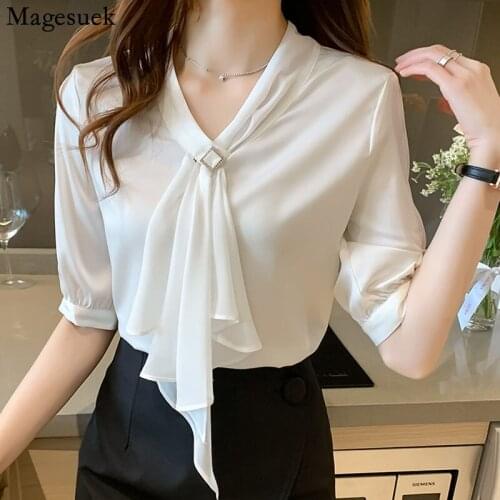 Elegant Summer Womens Chiffon Shirt Bow Tie Ruffle Loose Blouse Office Lady Tops Short Sleeve V-neck Clothes Blusas Mujer 15120