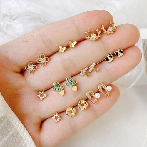 NurmWung New Classic Earrings Minimalist Mini Airplane Elk Horn Panda Cactus Letter Earrings for Woman Fashion OL Jewelry Gift