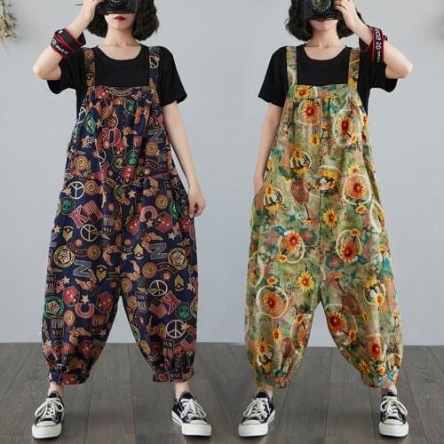 Retro Cotton Linen Rompers Womens Jumpsuits 2021 Female Strap Caroon Printed Overalls Playsuit Kawaii Cute Floral Rompers Pants