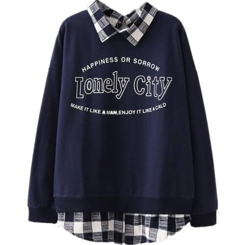 Women Sweatshirts Letter Print Plaid Patchwork Pullover Turndown Collar Long Sleeve Tracksuits Female Fake 2 Pieces Clothes