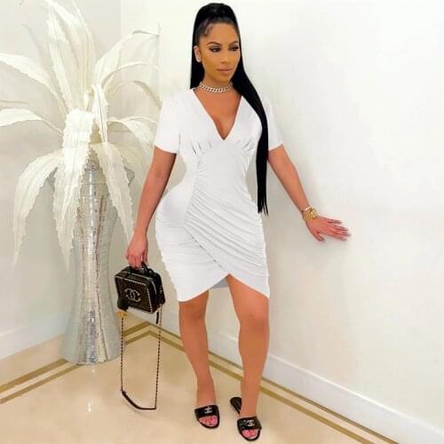 Summer Clothes Sexy Dress Short Sleeve V-neck Folds Irregular Bodycon Dresses for Women Club Outfits Streetwear Y2k Wholesale