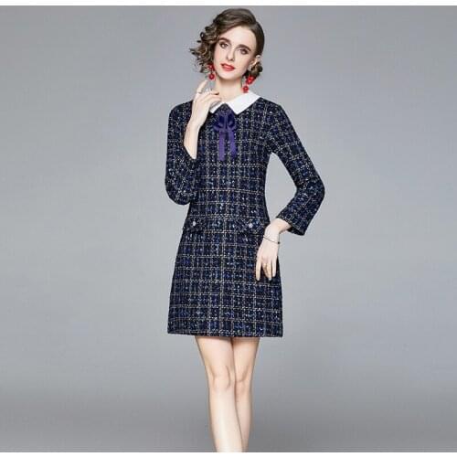Fall Winter High Quality Plaid Bow Tie Tweed Dress Womens Long Sleeve Diamonds Button Vintage Woolen Elegant Dress Vestido