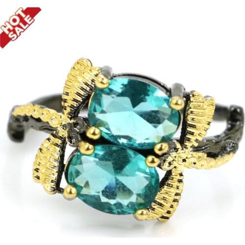 13x12mm Sublime Antique Vintage Style Dragonfly With Created Blue Aquamarine Gift For Womans Black Gold Silver Rings