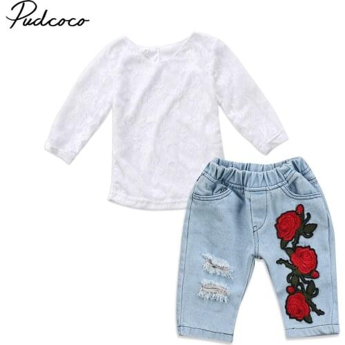 2017 Brand New Toddler Infant Child Kids Baby Girls 3D Flower Lace Top Denim Hot Pants Outfits 2Pcs Fashion Autumn Clothes 6M-4T