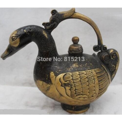 Bi0011771 8"China Chinese Folk Bronze Lucky duck animal kettle water jug Statue