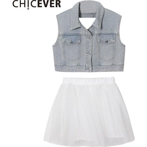 CHICEVER Sweet Casual Suits With Skirt Lapel Sleeveless Denim Top High Waist Mesh Skirts Loose Suit Womens Clothing Summer 2021