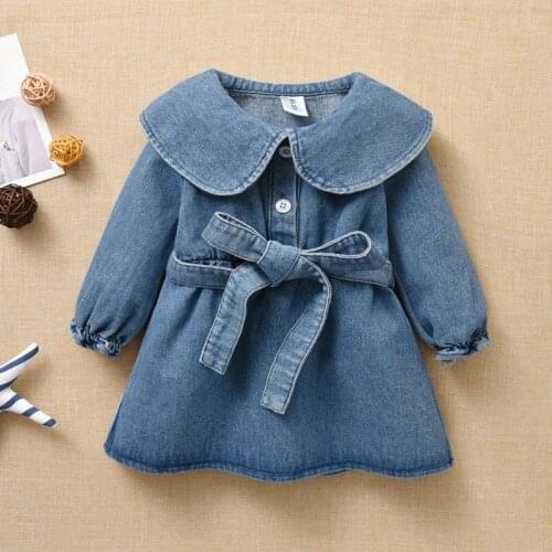 Spring Autumn Kids Dresses 2020 New Toddler Girls Lapel Denim Dress Korean Solid Long Sleeve Dress for Girls Baby Princess Dress