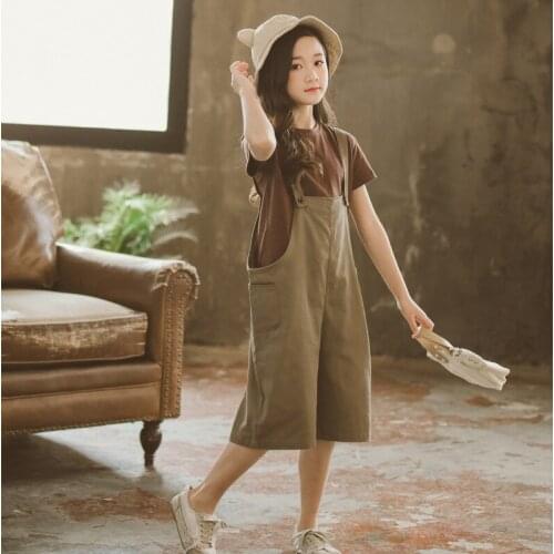 Girls Clothing Sets Korean Style Middle And Big Kids 2021 Summer New Short-Sleeved T-Shirt + Pocket Bib Suit Two-Piece Clothes