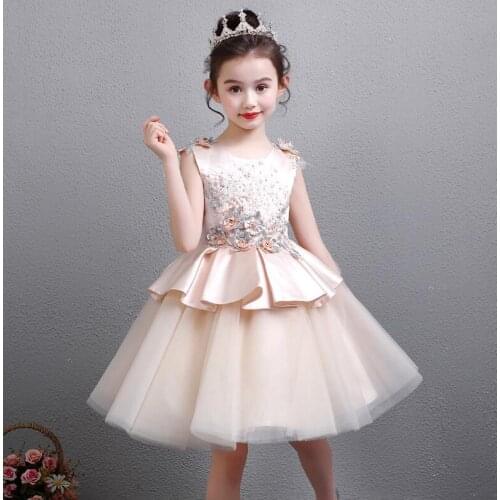 Embroidery Lace Appliques Flower Girl Dresses for Wedding Party Elegant Champagne Tulle Princess Gown First Communion Clothes