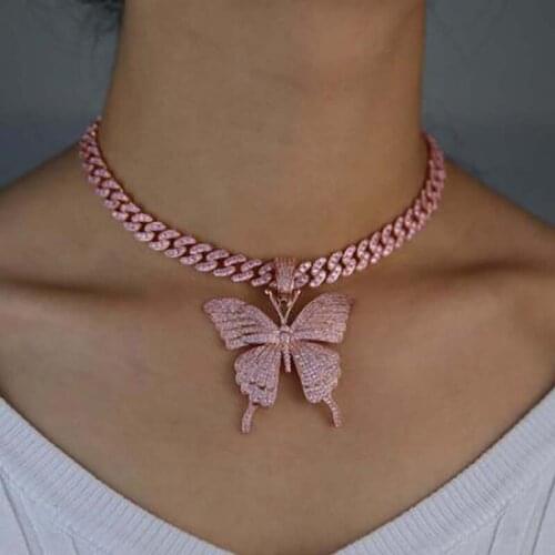 Butterfly Pendant Cuban Chain Cubic Charm Tennis Chain Necklace Fashion Jewelry F3MF
