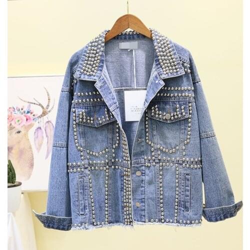 Spring Autumn New Korean Rivet Denim Jackets Coats Women Loose Fit Lapel Long Sleeve Jeans Coats Female Streetwear Clothes