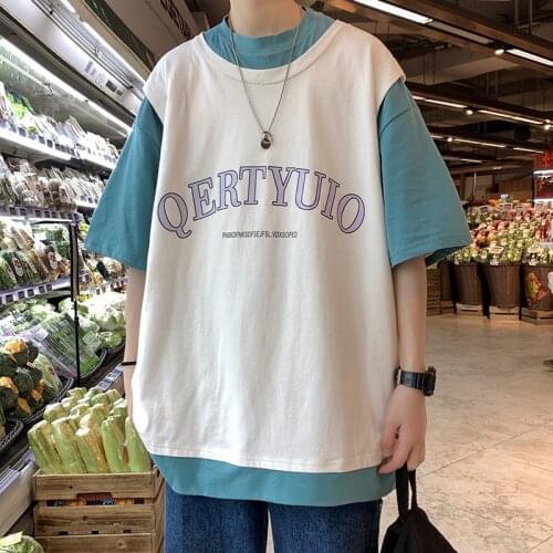 Mens and womens art shop summer stitching fake two T-shirts mens short sleeve fashion brand ins half sleeve loose five point