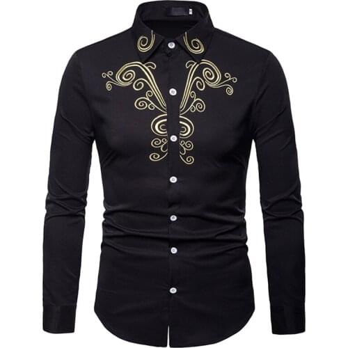 Mens Long Sleeve Embroidery Shirt Slim Fit Casual Button Down Dress Shirts Men Party Wedding Prom Tuxedo Shirt Male Camisas XXL