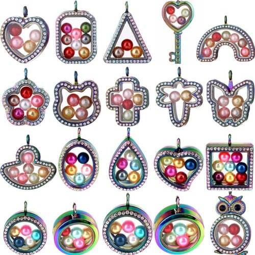 Rainbow Glass Floating Charms Rhinestone Locket Pendant Memory Photo Magnetic Lockets 20 Styles to Chose