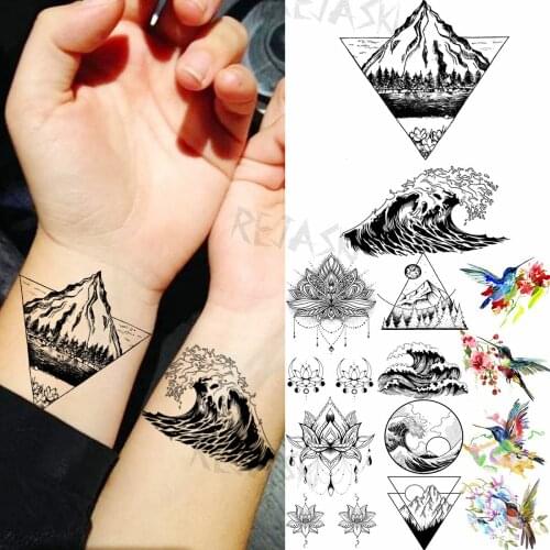 Realistic Geometry Mountain Sea Temporary Tattoos For Women Adult Hummingbird Pendant Mandala Fake Tattoo Body Art Tatoos Decal