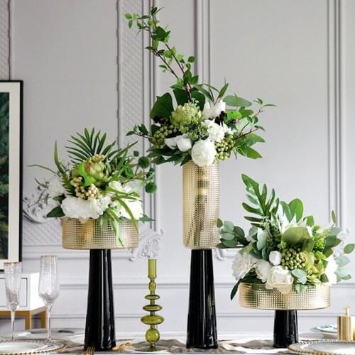 Nordic Wedding Supplies Champagne Gold Tall Glass Vase For Home Living Room Desktop Fruit Plate Ornament Soft Decor Accessories