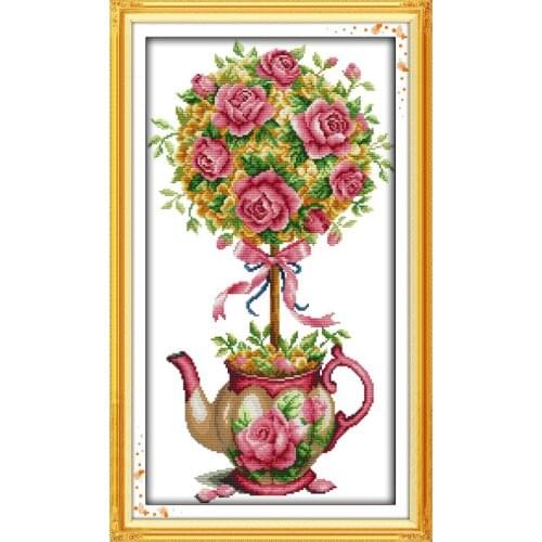 Cross Stitch Joy Sunday The Bouquet And Teapot Counted Printed On Canvas 11CT14CTDMS Cross Stitch DIY Embroidery Needlework Kits
