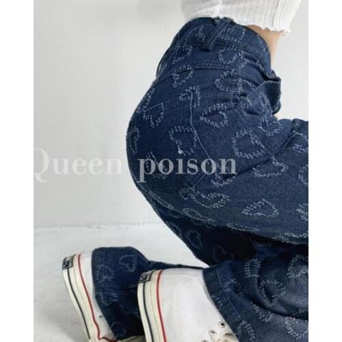 ZCWXM High Waisted Wide Leg Pants Blue Jeans Women Summer Thin Love Printing Full Length Pants 2021 New Ins Straight Denim Pants