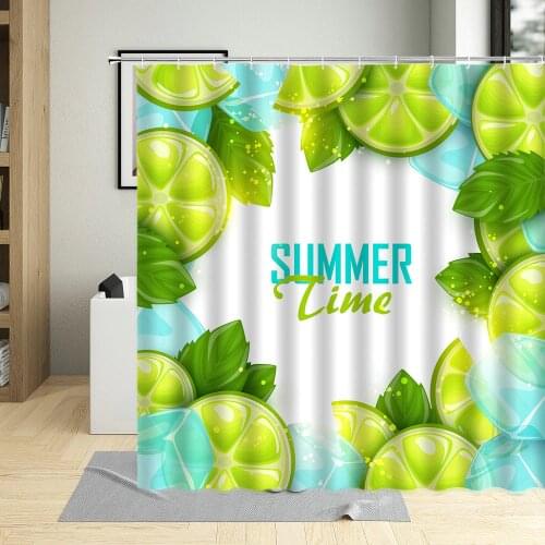 Yellow Lemon Flower Green Leaves Kitchen Bathroom Decor Cartoon Summer Fruit Pattern Shower Curtain With Hooks Cloth Curtains