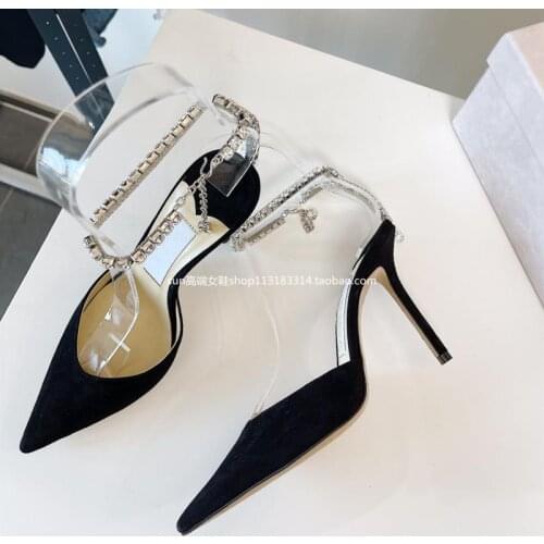 Womens shoes new rhinestone sandals female pointed stiletto leather high heels French ladies shallow mouth single shoes