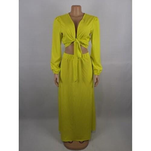 2021 Women Sets Elegant Evening Night Club New Solid Color Loose Ribbon Long Sleeve Top Elastic Waist Long Skirt Two Piece Set