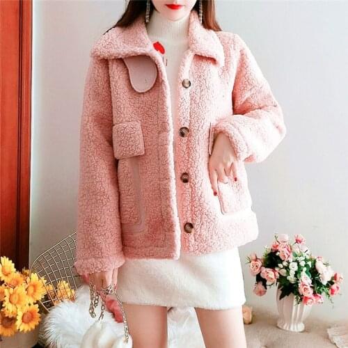 2021 Womens Short Lamb Fur Cotton Coat Loose Winter New Fashion Sweet Style Temperament Ladies Outerwear