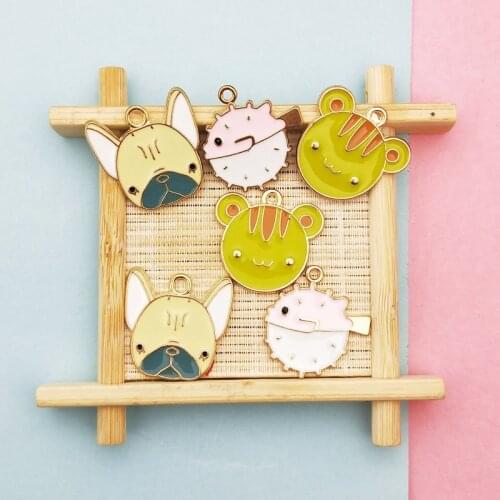 10pcs Drop Oil Cute Animals Alloy Pendants Bulldog Cat Dolphins Enamel Charms Fit DIY Earrings Bracelets Jewelry Accessory YZ666