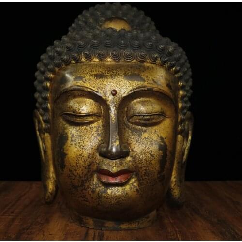 18"Tibet Buddhism Temple Old Bronze Gilt Cinnabars Shakyamuni Buddha Head Buddha statue Purdue all beings Enshrine the Buddha