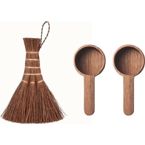 1X Cleaning Broom Cleaning Brush Coconut Palm Silk Cup Brush Tea Set Brush & 2X Wooden Measuring Spoon Set