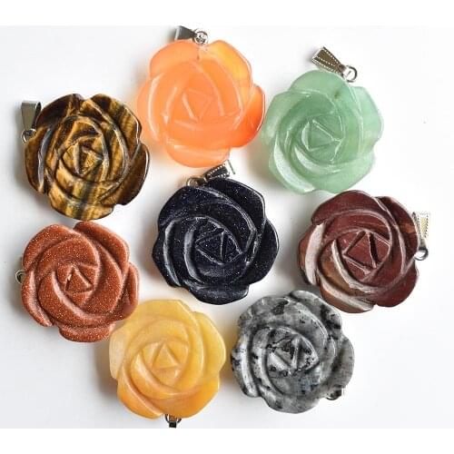 2020new fashion best selling carved mixed natural stone rose flower pendants charms jewelry 8pcs/lot wholesale free shipping