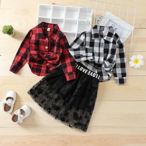 2PCS Kids Girls Autumn Shirts Outfit Suit Plaid Lapel Long Sleeves Buttons Shirt+Chiffon Stitching Elastic Waist Skirt for Girls