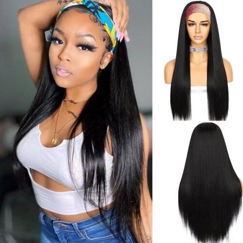 Krismile Long Straight Black Headband Wig Daily Party Travel Holidays No Gul Glueless Wig for Women Make Up with 2 Free Bands