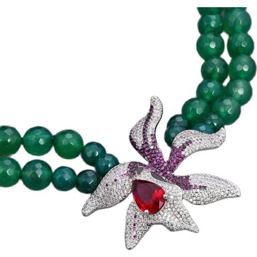 GG Jewelry 18"-19'' 2 Rows Green Agate Gems Stone Necklace CZ Red Flower Pendant