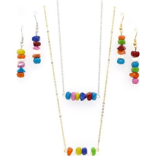 2021 Fashion Jewelry New Gold Silver Chain Colorful Natural Stone Necklace Earrings Set Bijoux Femme Choker Necklaces For Women