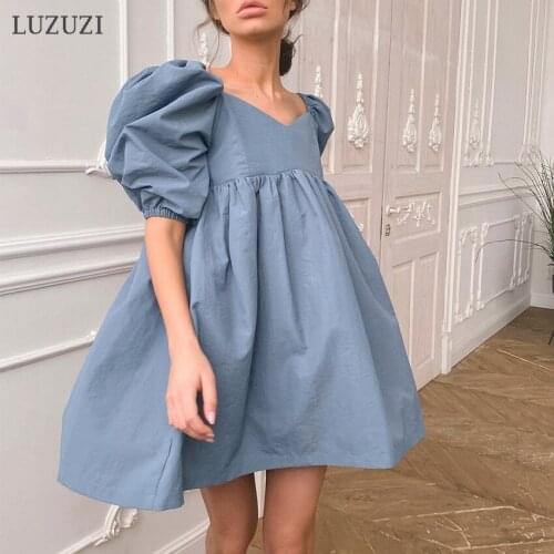 LUZUZI Summer Elegant Mini Dress Vintage Puff Sleeve Loose High Waist A Line V-Neck Women Sexy Sundress Cotton Party Dresses