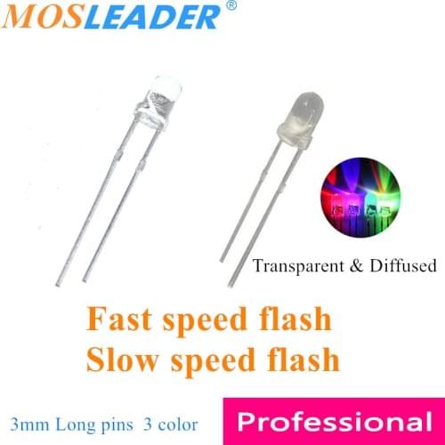 Mosleader 3MM 1000PCS Fast flash Slow flash LED Long pins Round head 2P Transparent Diffused RGB Red Green Blue 3 color