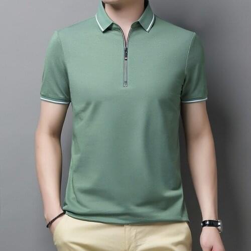 Mens Short Sleeve T-shirt 2021 Summer Thin Classic Zipper Lapels Business Casual Brand Slim Fit Fashion Solid Color Tops Male