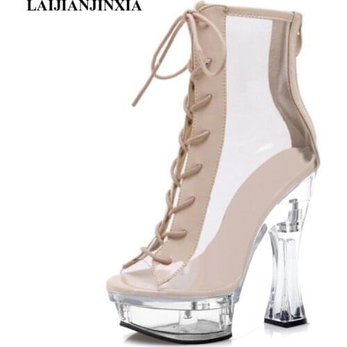 LAIJIANJINXIA New 14 CM High Heels Chunky Heels Luxury Shoes Women Ankle Boots Buckle Strap Party Nightclub Model Dance Boots