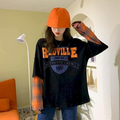 2021 Spring And Autumn New Korean Fake Two-piece Long Sleeve T-shirt Student Plaid Stitching Top Female Loose Graphic T Shirts