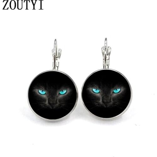 New/glamour fashion blue-eyed black cat pattern photo, convex glass inlay earrings, feminine decoration
