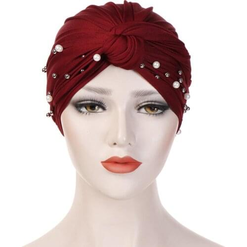 New muslim Cross turban caps twist velvet pearls Bead indian hat femme musulman Headwear Beanie Bonnet Muslim fashion head wrap