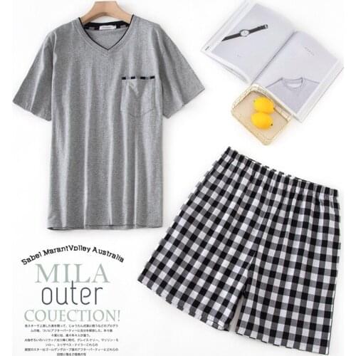 2021 Summer Short-sleeved Shorts Pajamas for Men European Fat COTTON Plaid V-Neck Sleepwear Elastic Waist Plus Size 2 Piece Set