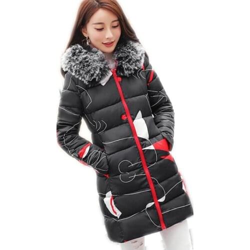 New Arrival Winter Women Down Cotton Jacket 2018 Fashion Print Female Medium-Long Parkas Hooded Fur Collar Thicken Warm CoatQ488