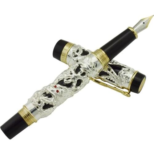 Jinhao Dragon Phoenix Vintage Luxurious Fountain Pen, Metal Carving Embossing Heavy Pen, Noble Silver & Black for Office School