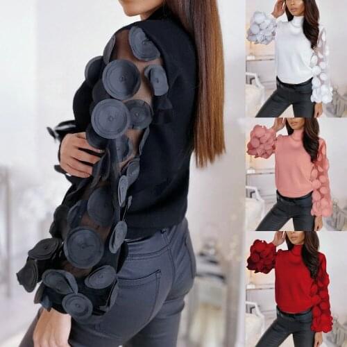 Sexy High Neck Mesh Puff Sleeve Slim Top Flannel Polyester Fabric Stitching Pattern Womens Blouses and Tops Vintage Streetwear